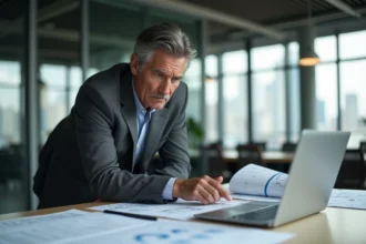 Promoteur immobilier consultant des données de programmes sur un tableau de bord numérique et des plans imprimés dans un bureau moderne