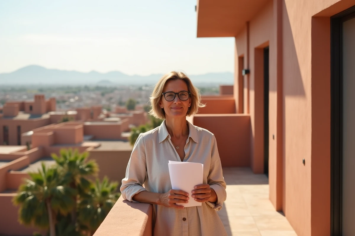 Propriétaire française sur un balcon d'appartement à Marrakech avec vue sur la médina et les montagnes de l'Atlas