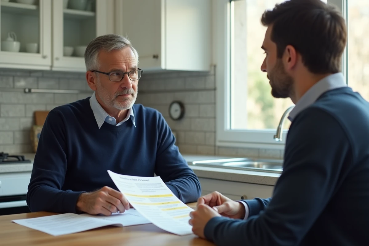 Propriétaire et locataire examinant ensemble un bail avec calcul d'indexation de loyer à la cuisine