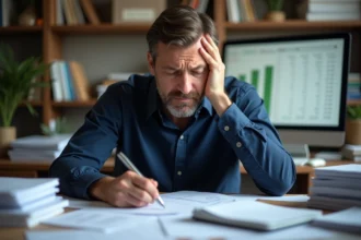 Propriétaire stressé examinant des documents de loyers impayés à son bureau à domicile en 2026