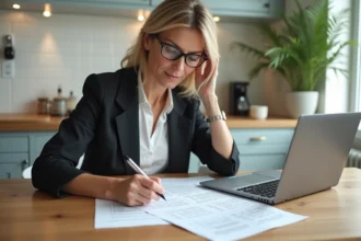 Propriétaire étudiant un contrat de bail et l'indice de référence des loyers pour calculer une révision annuelle