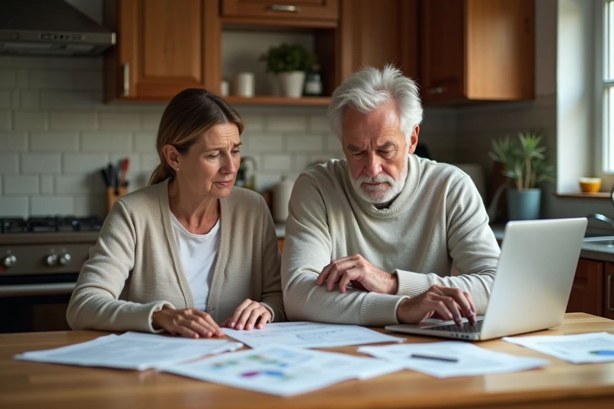 Couple de propriétaires consultant une estimation immobilière en ligne à la maison, erreurs coûteuses dans l'évaluation de leur bien