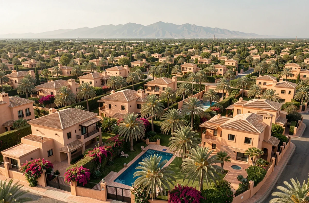 Vue aérienne d'un quartier résidentiel de villas à vendre à Marrakech avec la Palmeraie et l'Atlas en arrière-plan
