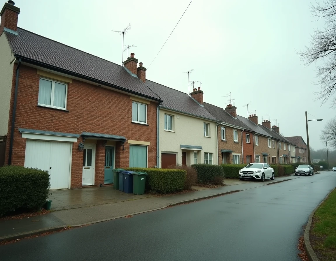 Rangée de maisons mitoyennes par le garage dans un quartier pavillonnaire français sous un ciel nuageux