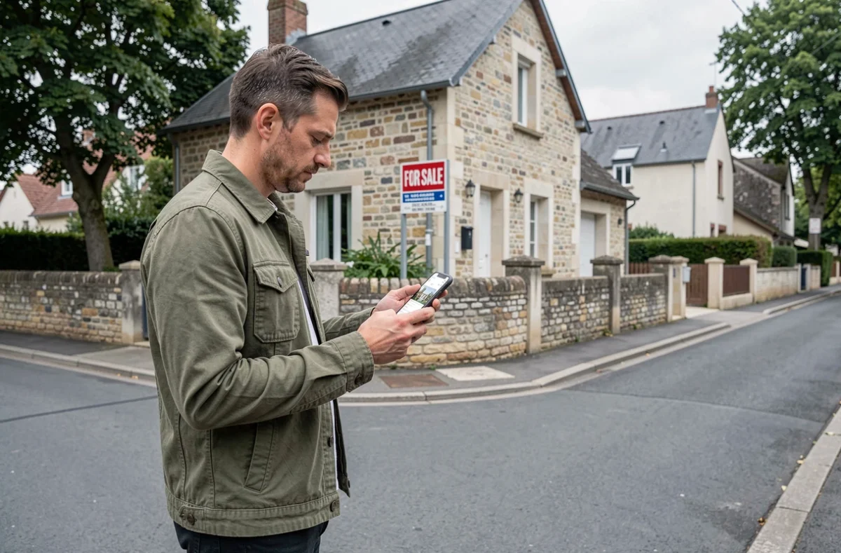 Homme utilisant une application mobile pour rechercher le propriétaire d'une maison résidentielle en vue d'un achat immobilier discret