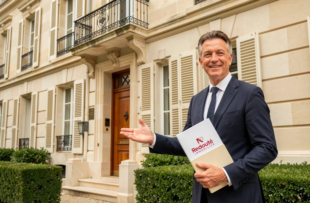 Agent de l'agence Redouté Immobilier devant une maison bourgeoise à Reims, dans la région Grand Est