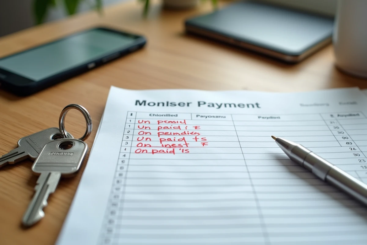 Détail d'un registre de loyers impayés avec clés d'appartement et application bancaire sur smartphone en 2026