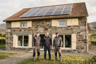 Équipe de professionnels de la rénovation énergétique devant une maison en pierre rénovée dans le Puy-de-Dôme