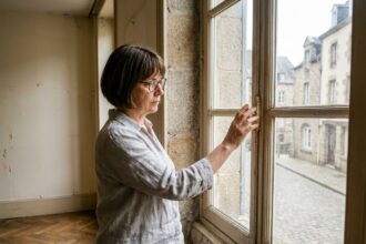 Femme examinant le cadre d'une fenêtre ancienne dans une maison en pierre à Rennes avant rénovation