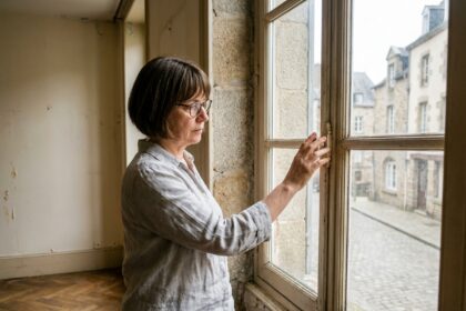 Femme examinant le cadre d'une fenêtre ancienne dans une maison en pierre à Rennes avant rénovation