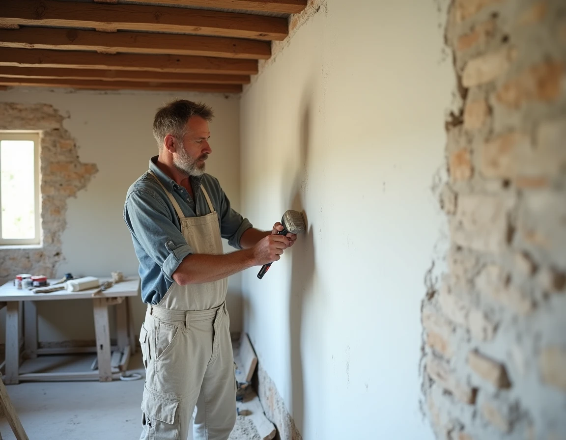 Artisan rénovant un mur en pierre intérieur d'une maison abandonnée transformée en résidence en PACA