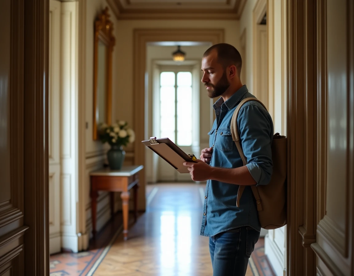 Repéreur de décors évaluant un appartement haussmannien pour un tournage professionnel