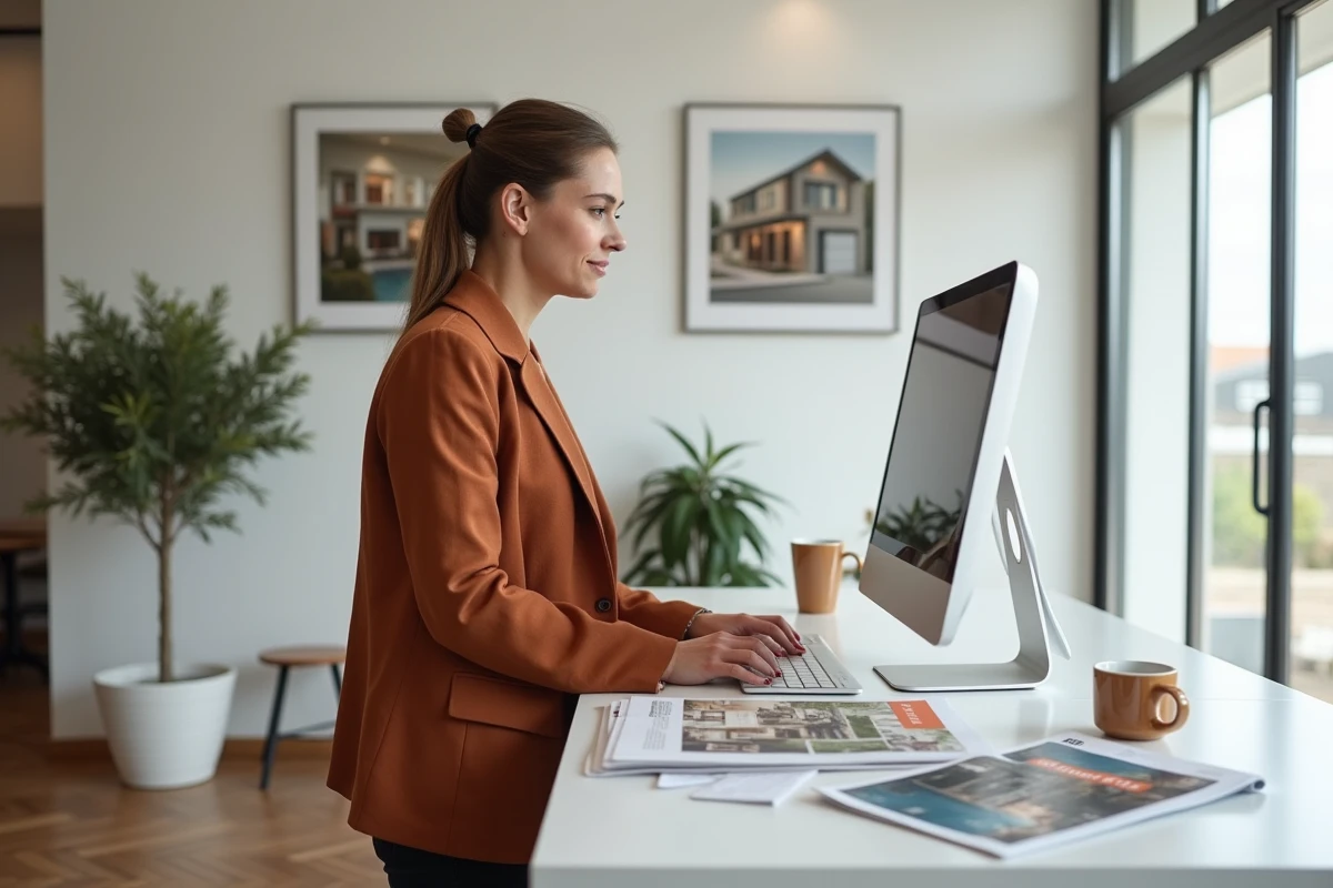 Responsable marketing immobilier planifiant sa stratégie digitale avec Oh Magazine Immobilier dans une agence contemporaine