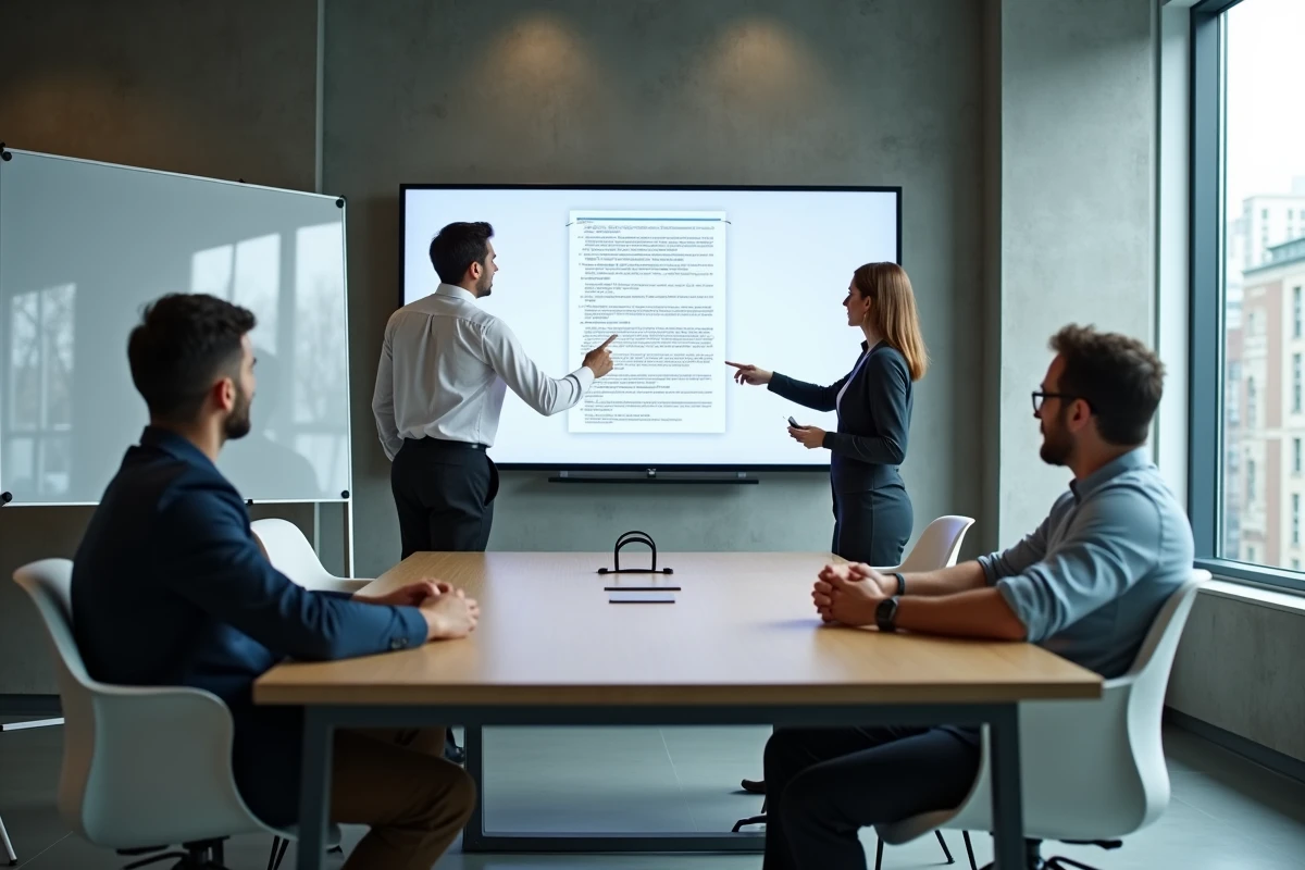 Groupe de collègues discutant autour d un écran partagé