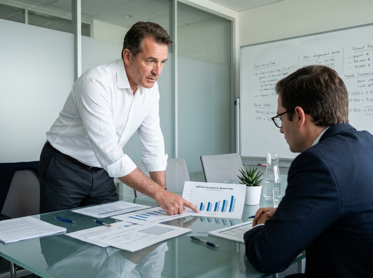 Investisseur et conseiller financier comparant les frais de gestion et le rendement d'une SCPI lors d'une réunion