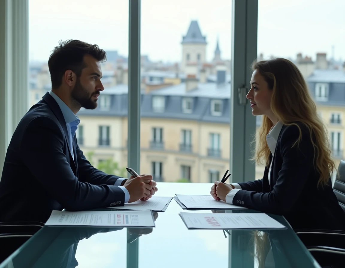 Réunion de professionnels de l'immobilier autour d'un contrat de vente avec calcul de TVA sur la marge dans un bureau notarial