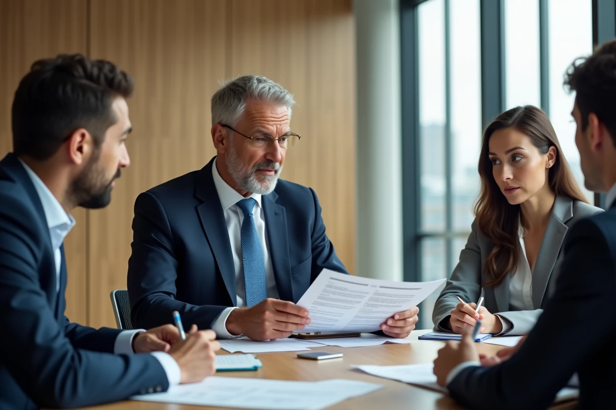 Manager RH expliquant des documents à un couple en réunion