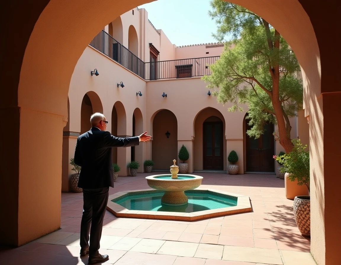 Agent immobilier dans le patio intérieur d'un riad à vendre dans la médina de Marrakech