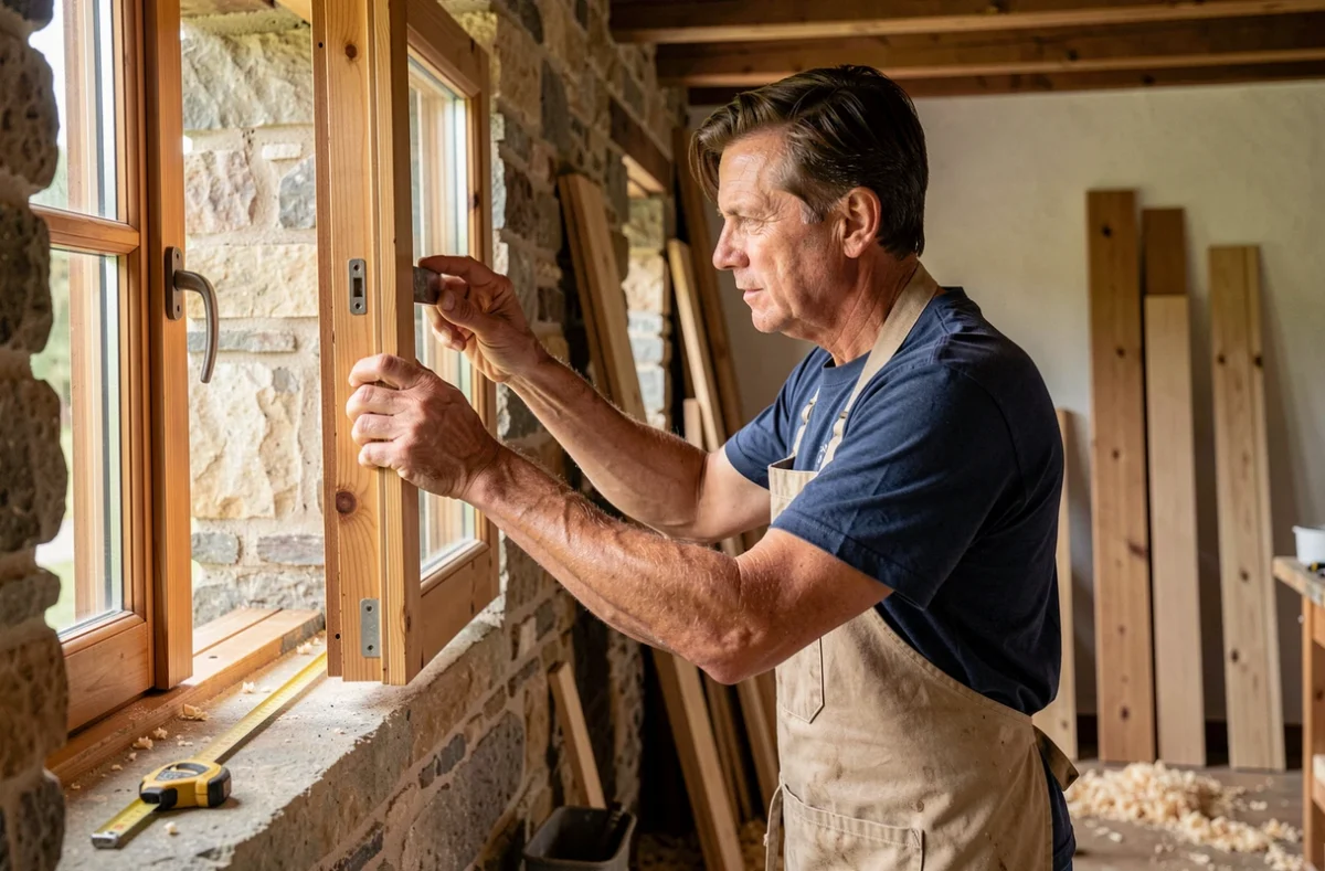 Artisan de la SARL Meunier Alexandre posant une fenêtre en bois double vitrage dans une maison en pierre du Puy-de-Dôme