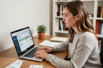 Jeune femme calculant une simulation d'aide pour payer sa caution de logement sur un ordinateur portable à son bureau