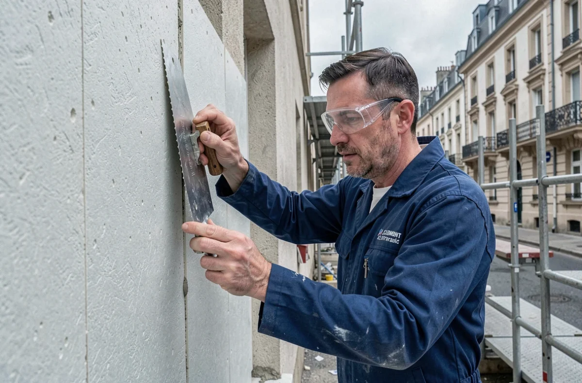Technicien de SOLI installant des panneaux d'isolation sur une façade résidentielle à Clermont-Ferrand