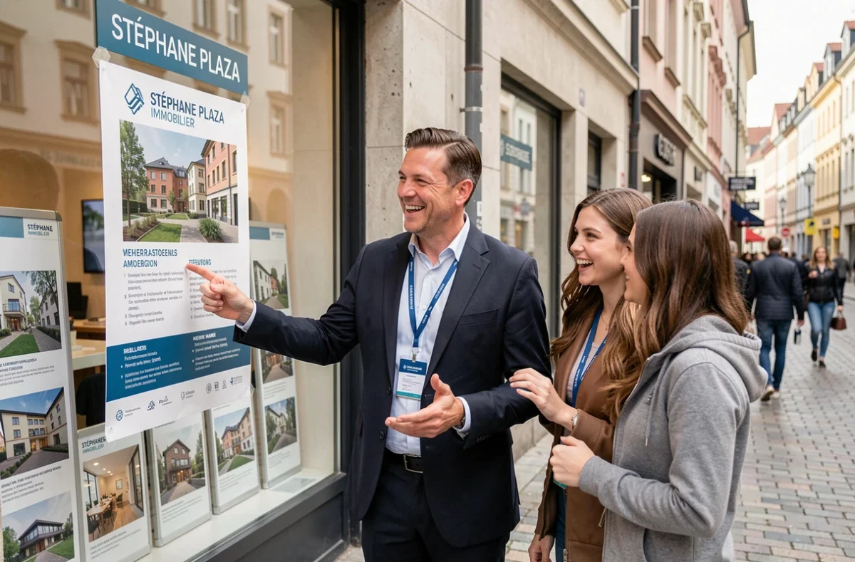 Agent Stéphane Plaza Immobilier devant la vitrine de l'agence à Strasbourg, conseillant un couple de clients