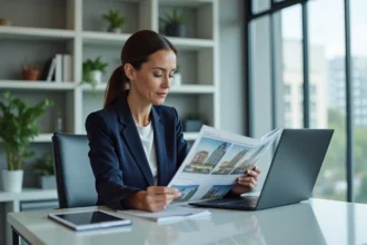 Professionnelle de l'immobilier consultant Oh Magazine Immobilier et un tableau de bord digital dans un bureau moderne