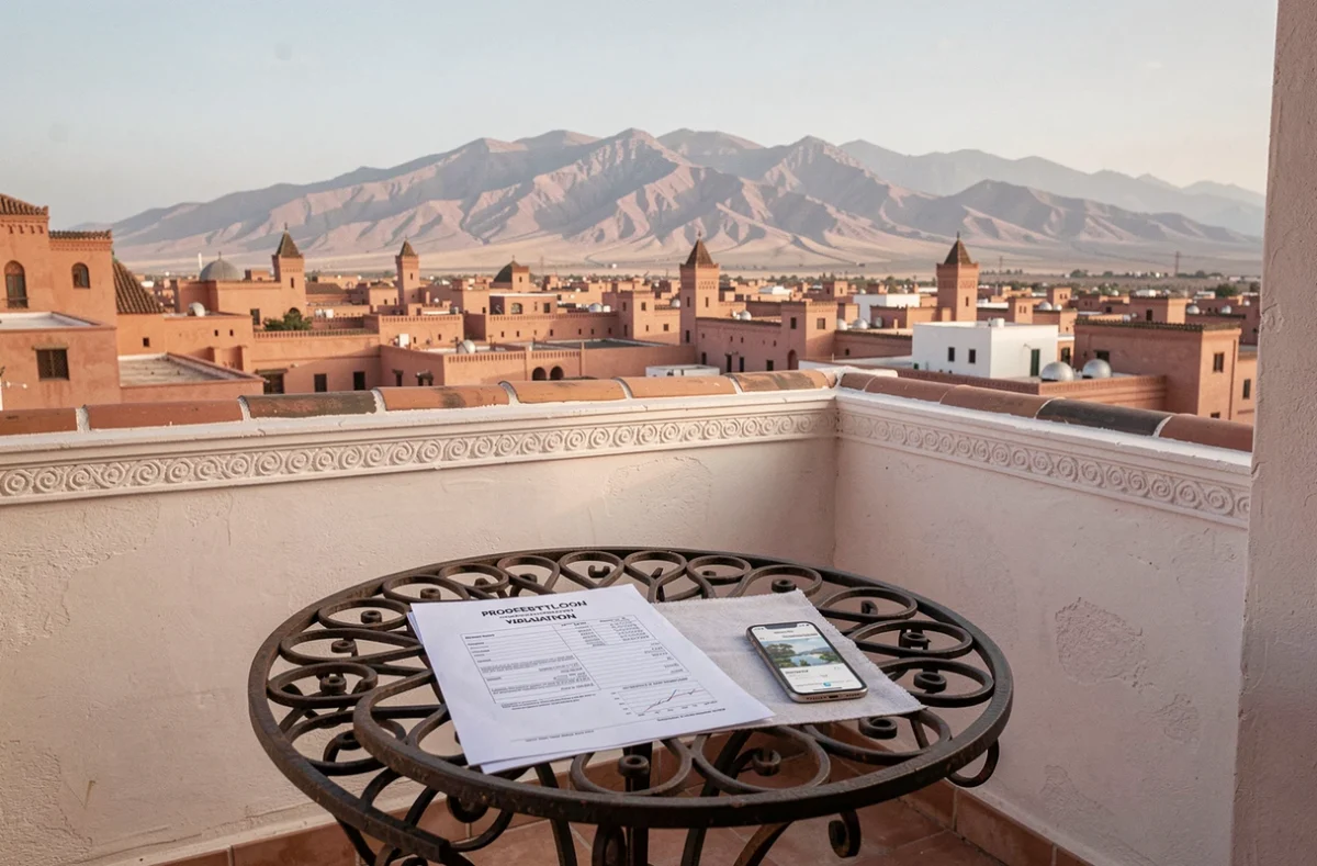 Terrasse d'un appartement riad à Marrakech avec vue sur la médina, documents d'estimation immobilière posés sur une table avant une vente
