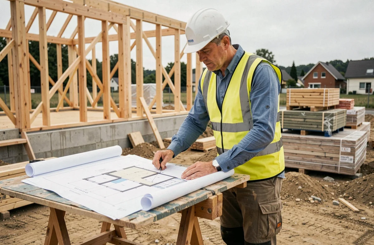 Chef de projet Tine Construction examinant des plans sur un chantier de construction résidentielle en Alsace