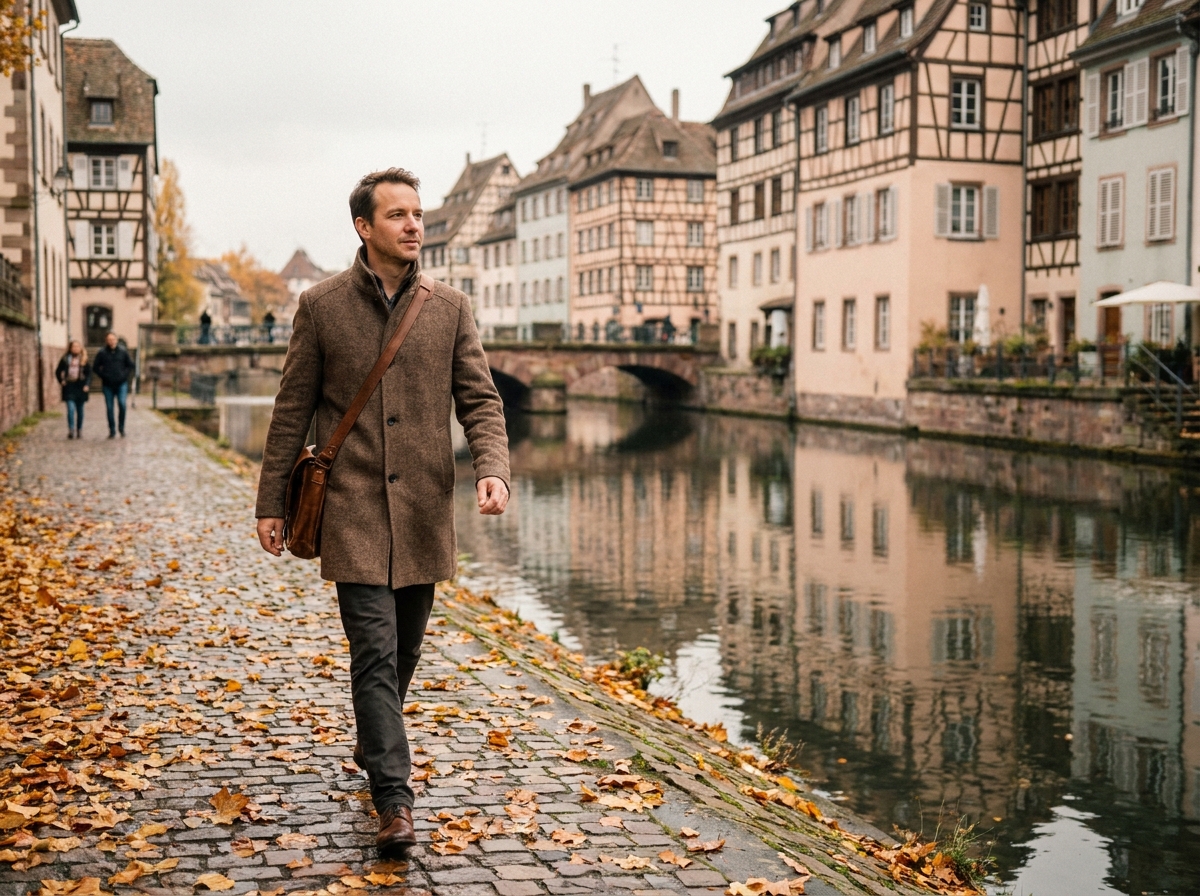 Professionnel se rendant à pied à son bureau le long des quais de Strasbourg en automne