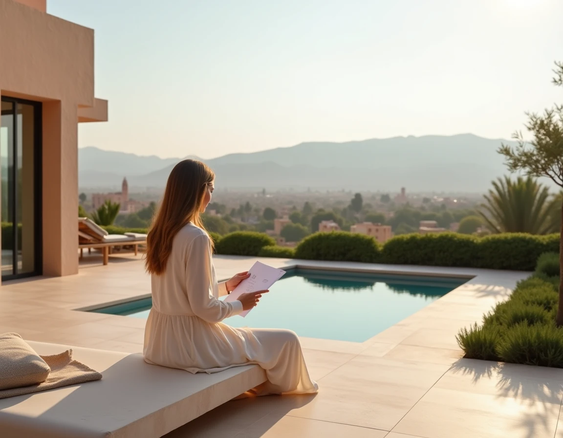 Terrasse de villa de luxe avec vue sur l'Atlas dans la Palmeraie de Marrakech