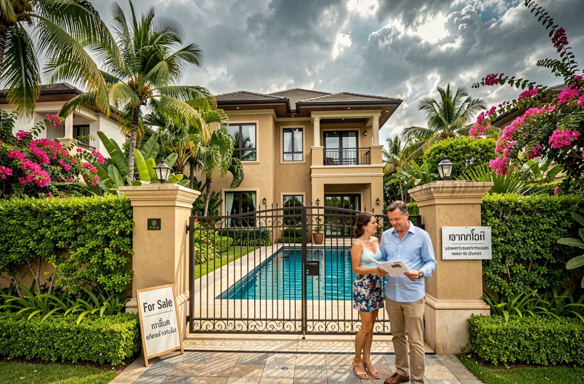 Villa thaïlandaise avec piscine à vendre en Thaïlande, couple étranger consultant un prospectus immobilier devant le portail