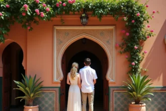 Couple devant une villa traditionnelle marocaine à vendre à Marrakech avec zellige et bougainvilliers