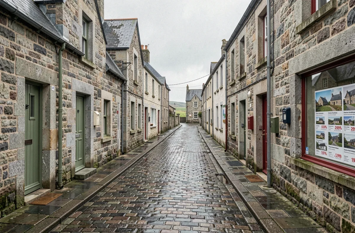 Rue de village breton avec maisons en pierre de granit mitoyennes, pavés mouillés et vitrine d'agence immobilière visible en arrière-plan