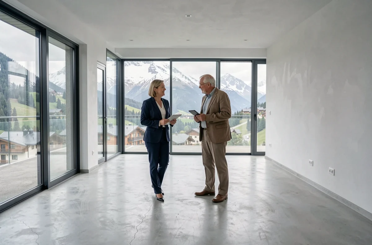 Agent immobilier montrant un appartement moderne à un retraité en Andorre