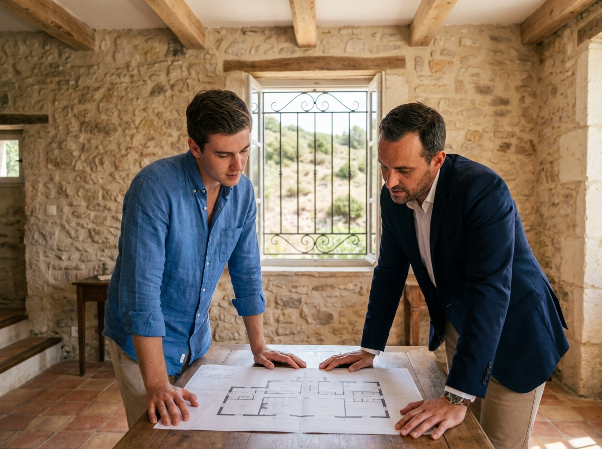 Primo-accédant étudiant les plans d'une maison avec un agent immobilier dans une propriété en pierre de l'Hérault