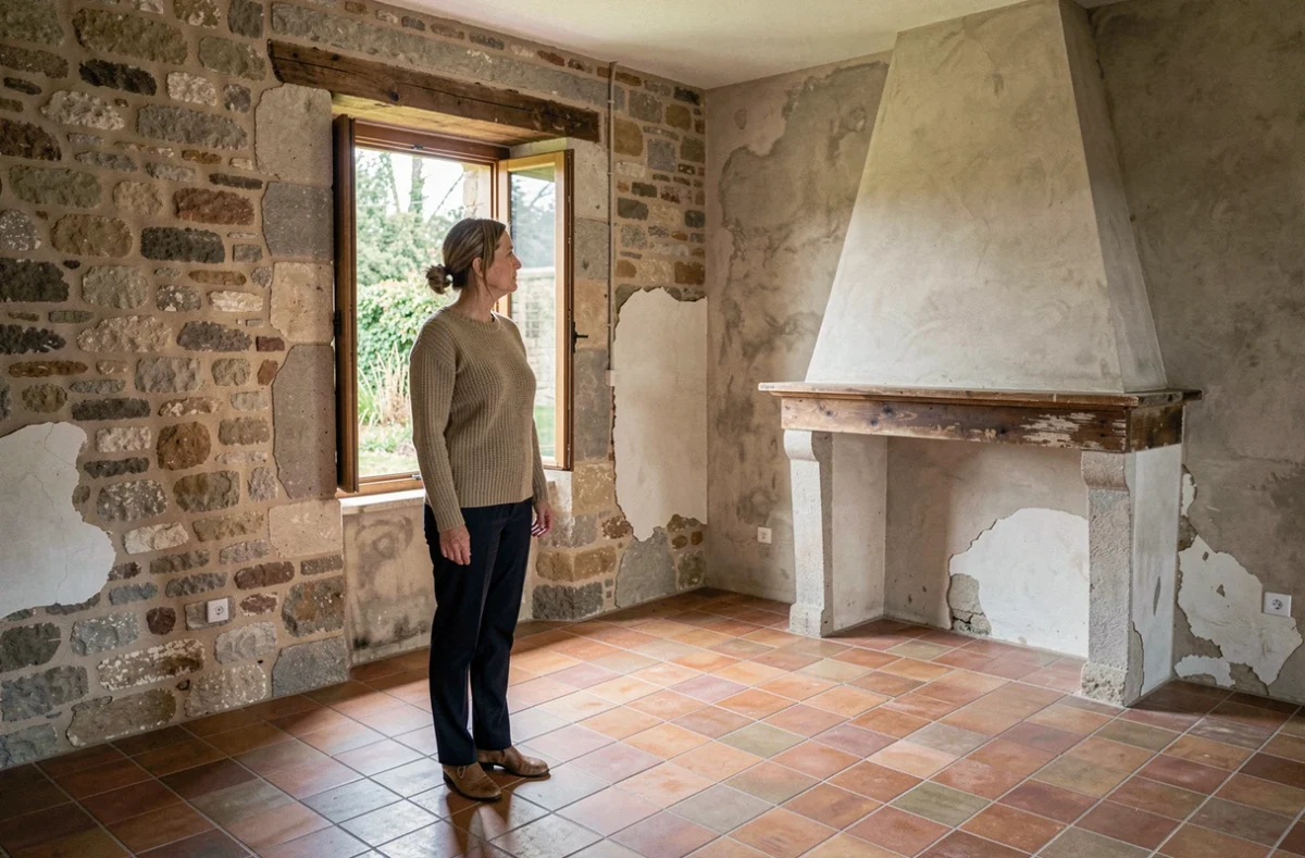 Femme seule visitant une maison en pierre vide dans la Creuse, réfléchissant à une location avant achat immobilier