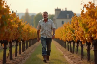 Viticulteur se promenant dans les rangées de vignes d'un domaine bordelais à vendre pour projet oenotouristique