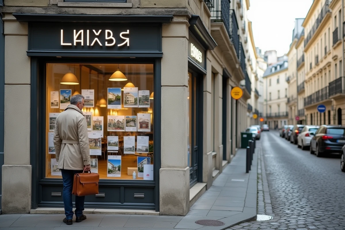 Devanture d'une agence immobilière à Limoges avec vitrine d'annonces et un homme consultant les prix affichés depuis la rue