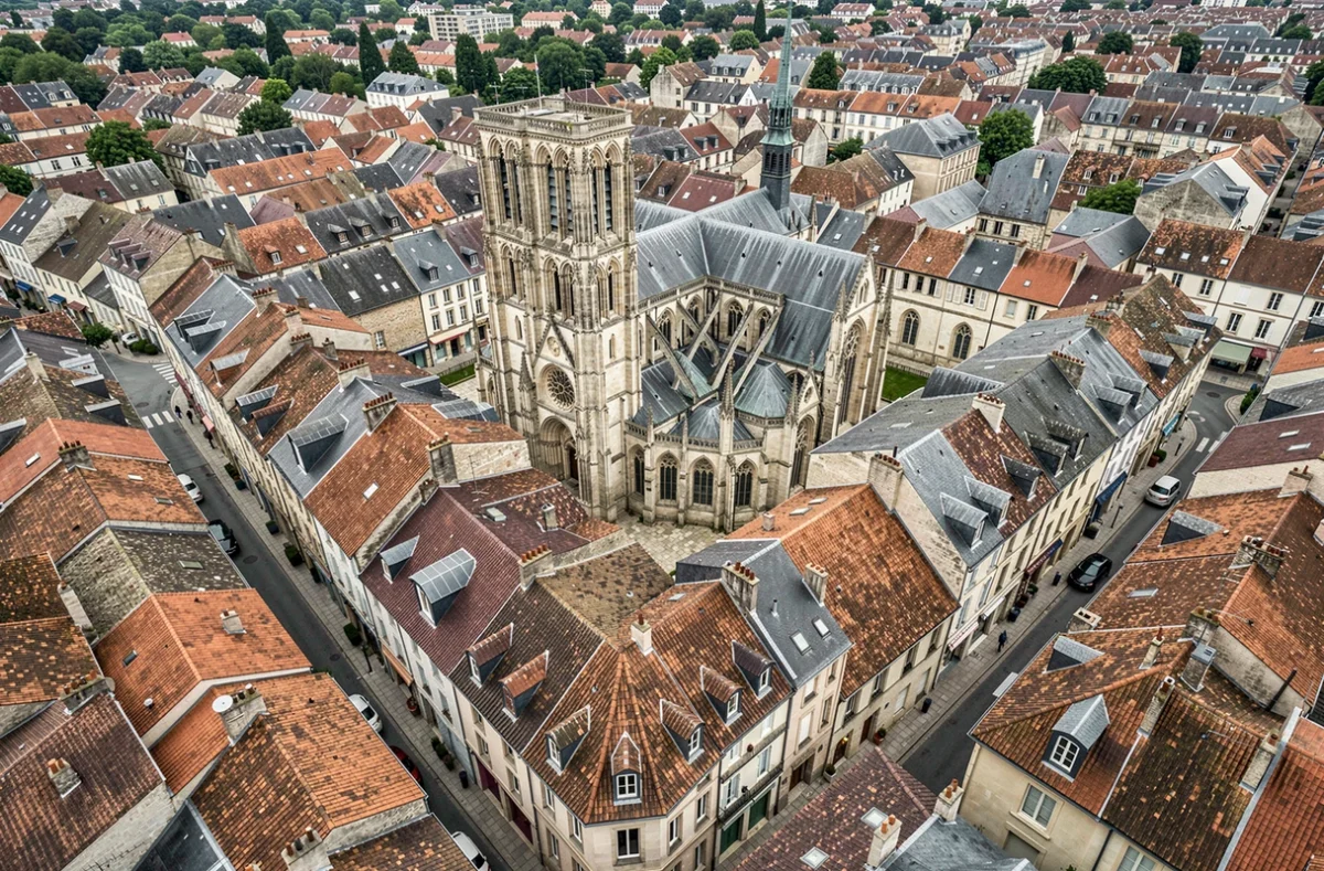 Vue aérienne des toits de Chartres avec la cathédrale gothique illustrant le besoin d'assurance habitation en ville